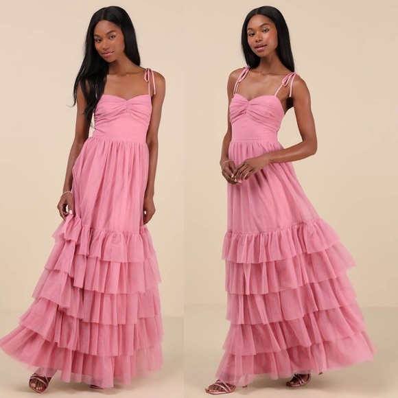 Lulus Dresses & Skirts - NWT Lulus Endlessly Darling Dusty Rose Mesh Tiered Tie-Strap Maxi Dress XS